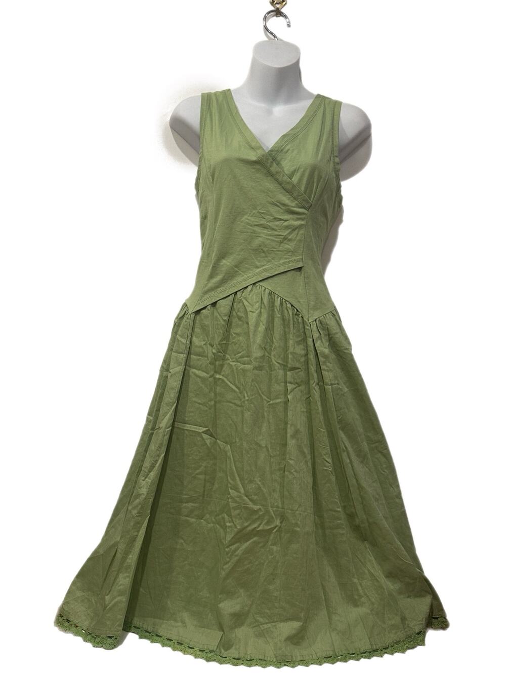 NWT Zashi Pistachio Green Faux Wrap Surplice Crochet Trim Midi Dress Medium